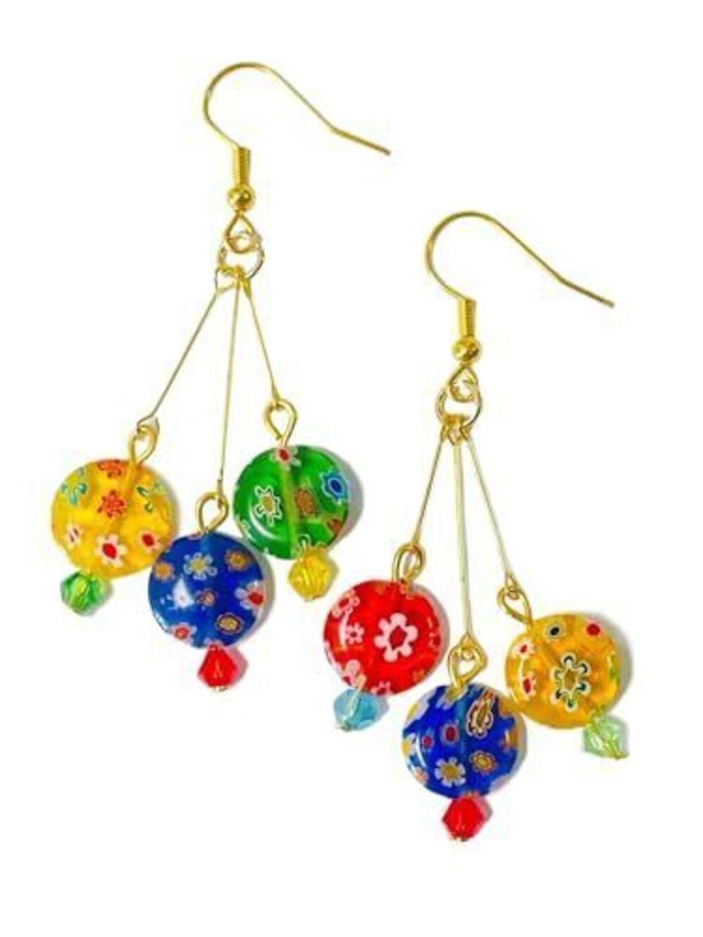 7990 Murano Style Glass Earrings, Colorful Millefiori Beads Drop Dangle